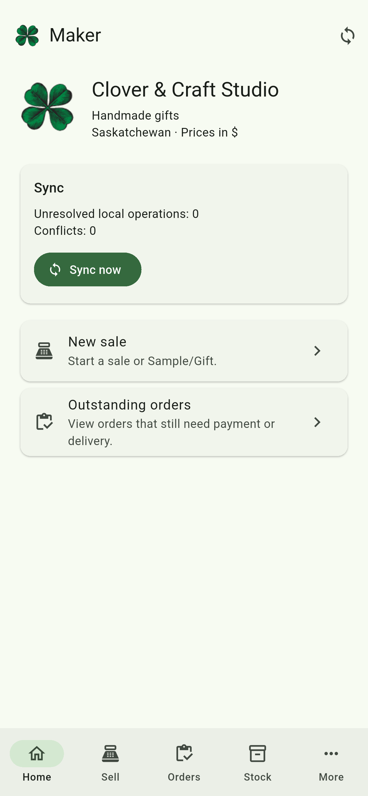 CloverBee Maker home screen showing sync, new sale and outstanding-order shortcuts